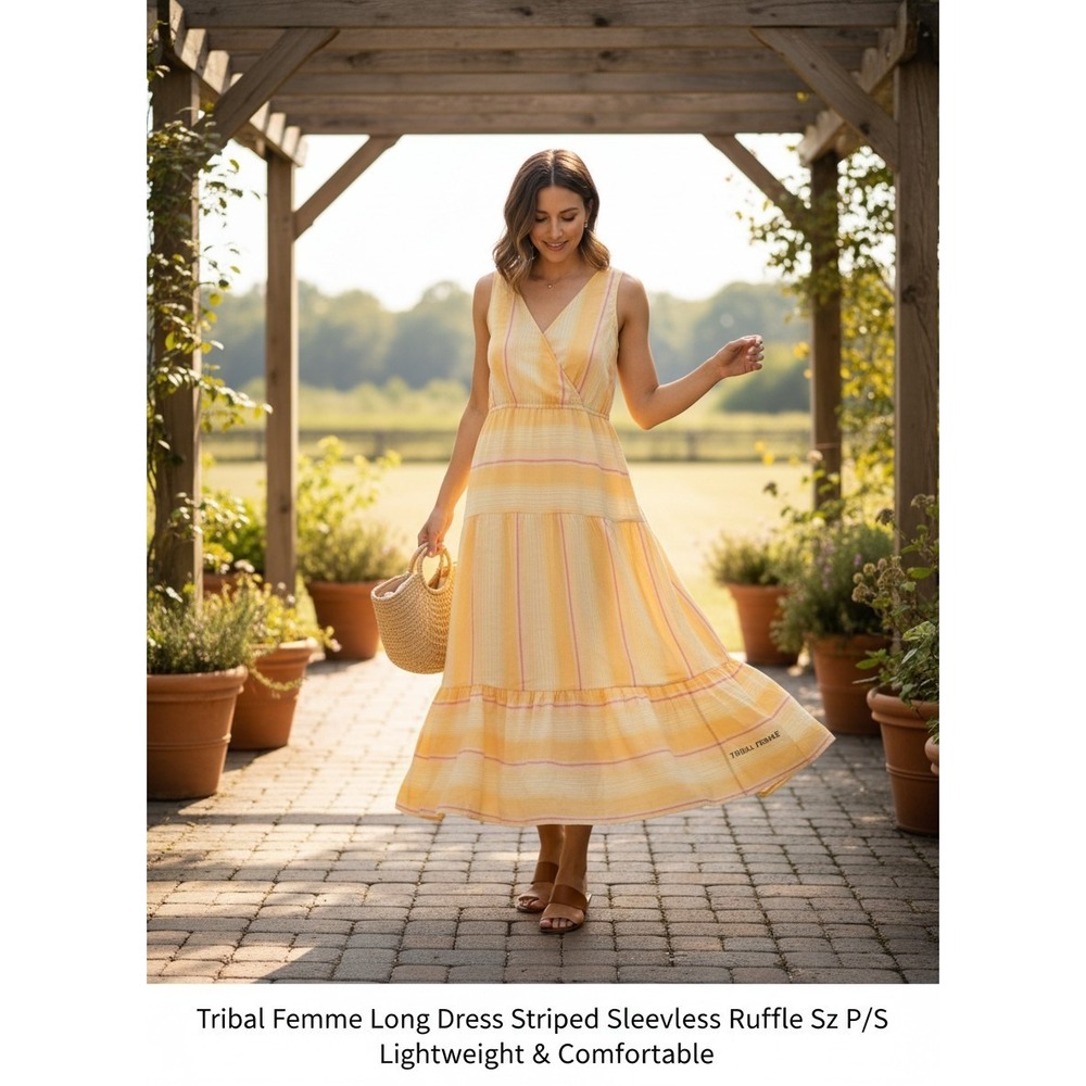 Tribal Femme Striped Sleeveless Long Dress – Ruffle Detail  Sz  P/S   (No belt)